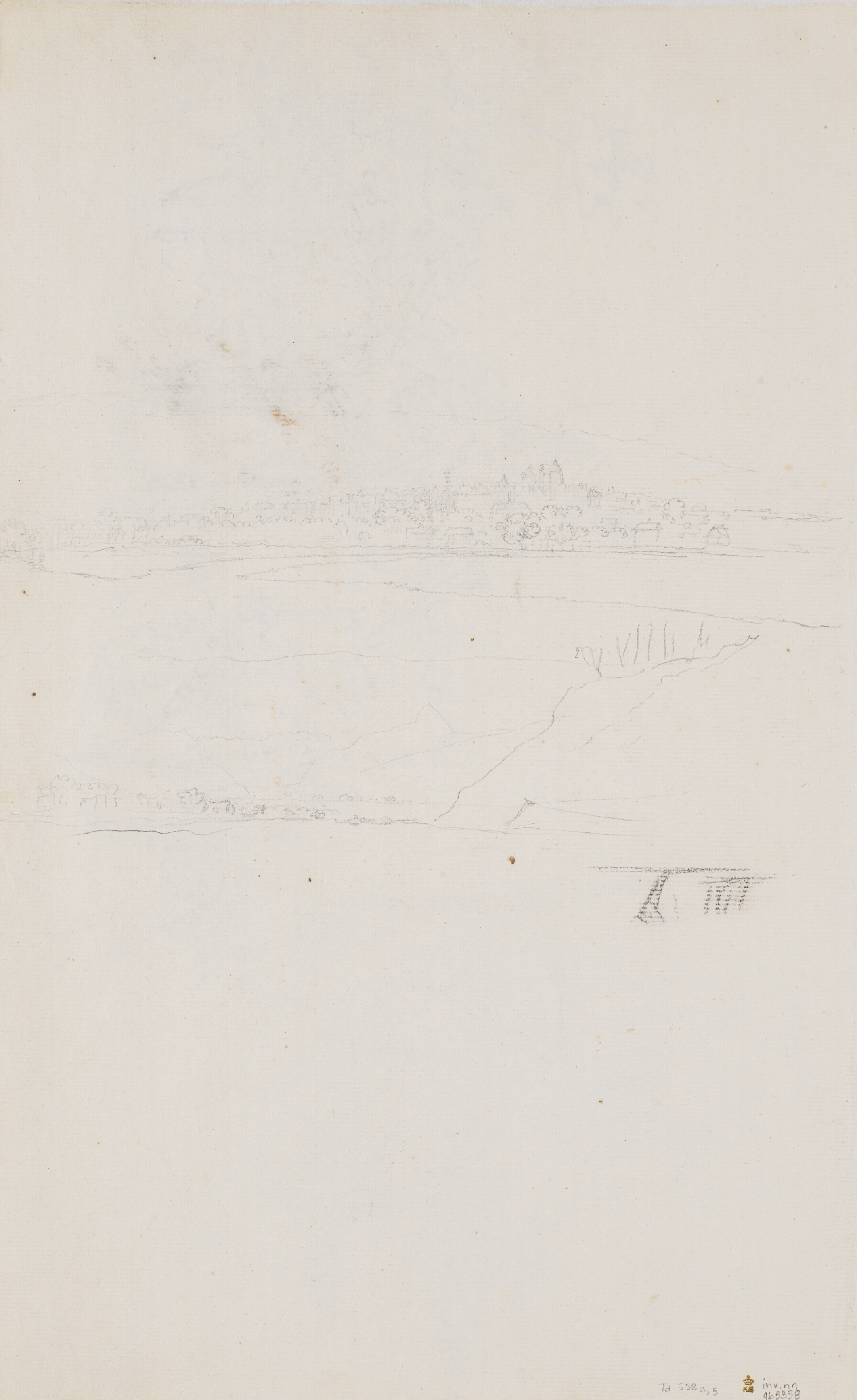 To landskabsudkast, øverst Genève, set fra Eaux Vives, nederst et bjerglandskab, samt fødderne af en spaserende herre